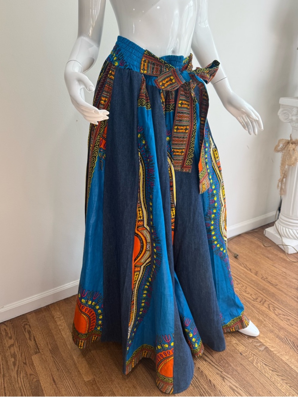 NWT Vintage Patchwork Full Length Denim Circle Hippie Festival Artsy Skirt Gypsy